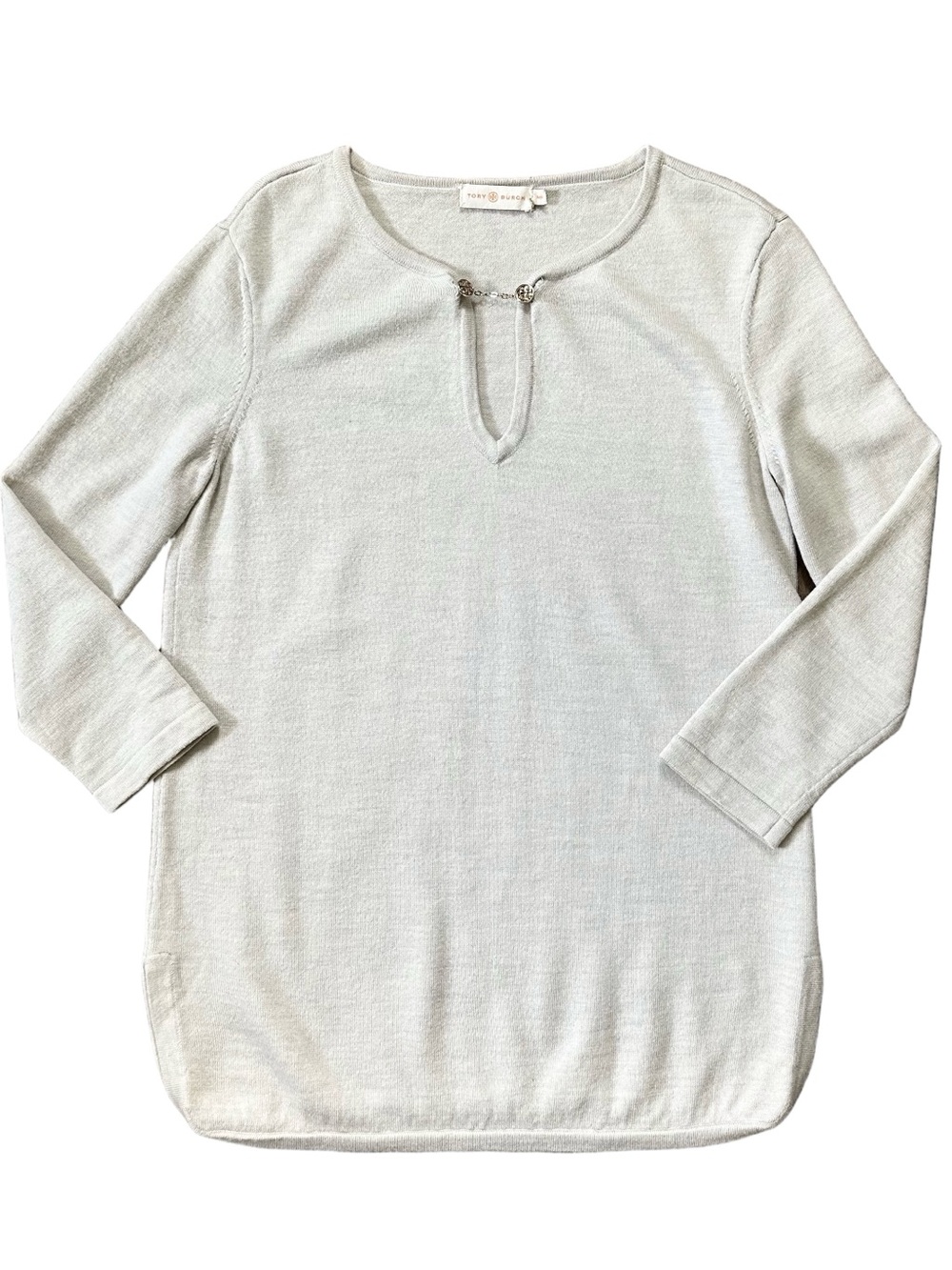 Tory Burch Merino Wool V-Neck Gold Chain Long Sleeve Tunic Sweater Sz Medium - Picture 7 of 11
